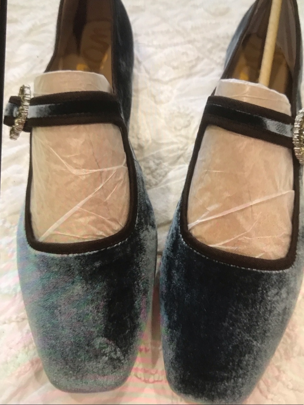 Sam Edelman Gray Velvet Mary Jane Flats with Crystal Buckle